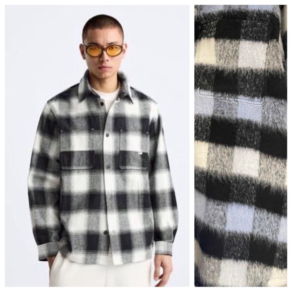 Zara Man black/Blue Checked Relaxed Fit Overshirt. Size L. - Picture 4 of 10